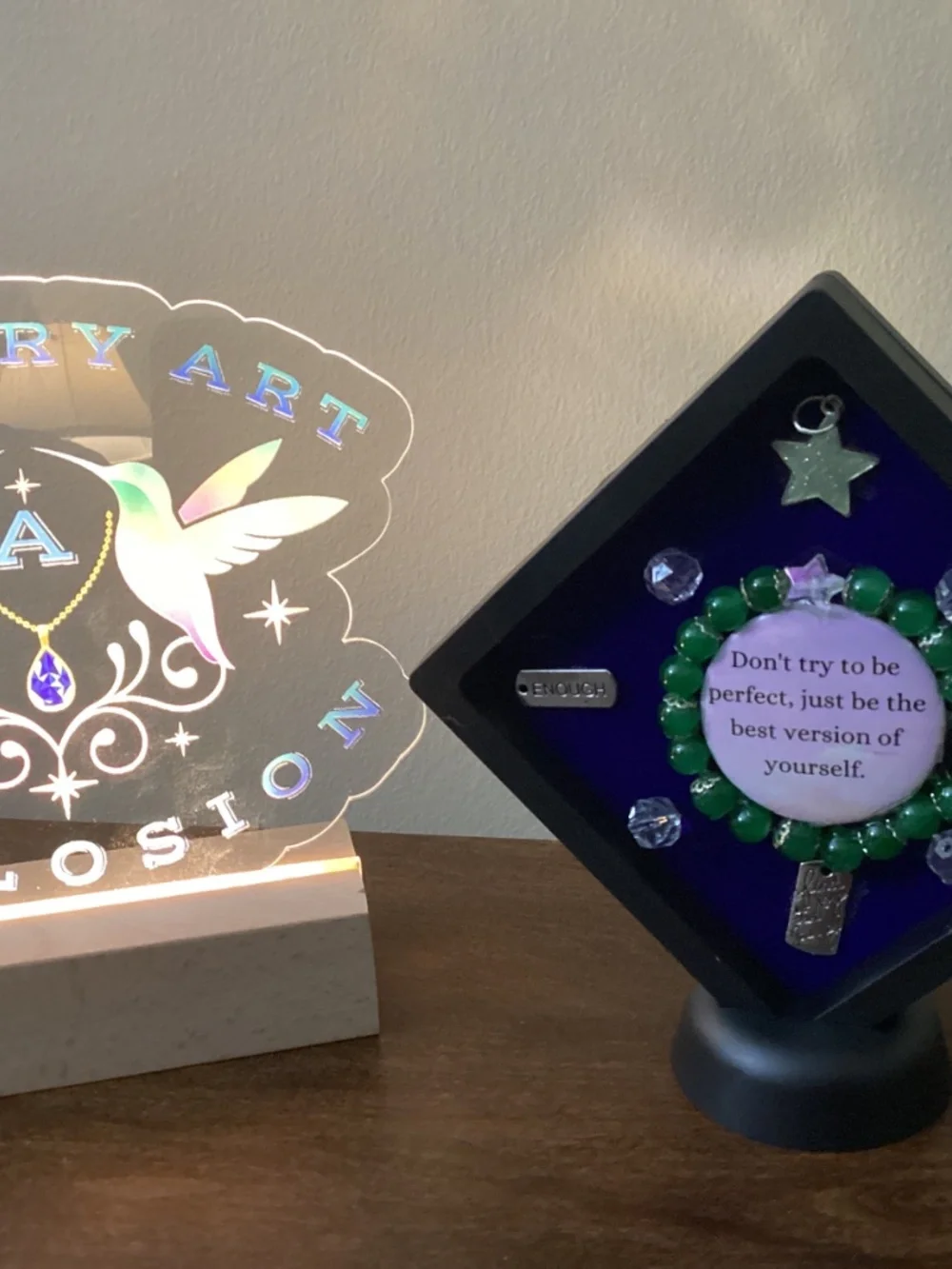 Handcrafted jewelry art Christmas encouragement red gold green supportive framed